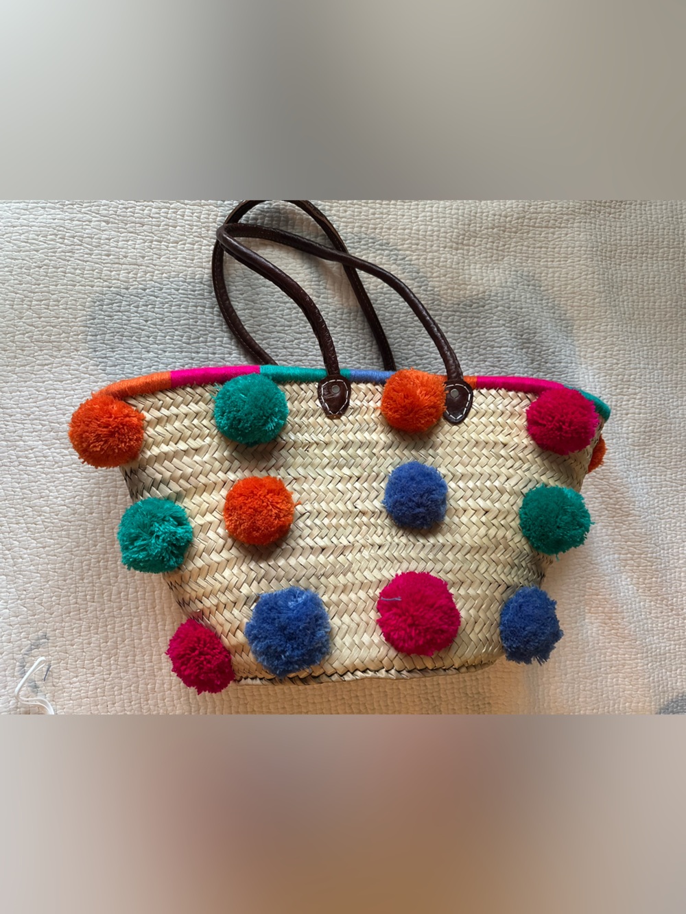 Soeur Du Maroc Straw Large Tote Bag with Colorful Pom-Poms. Never used